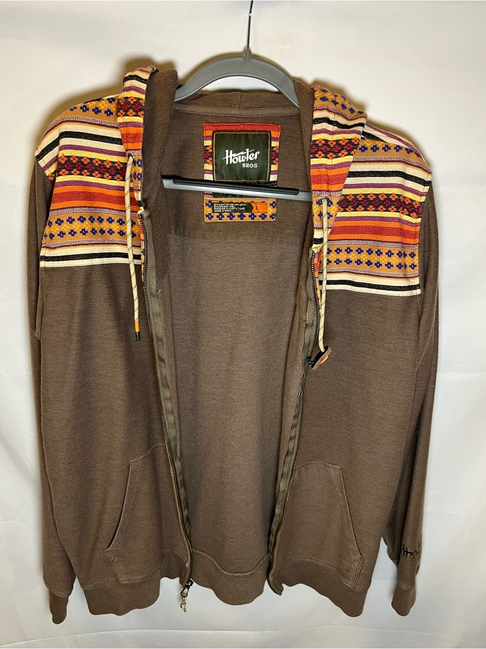 Howler Brothers Brown Zip Hoodie with Orange and Cream Patterned Yoke
